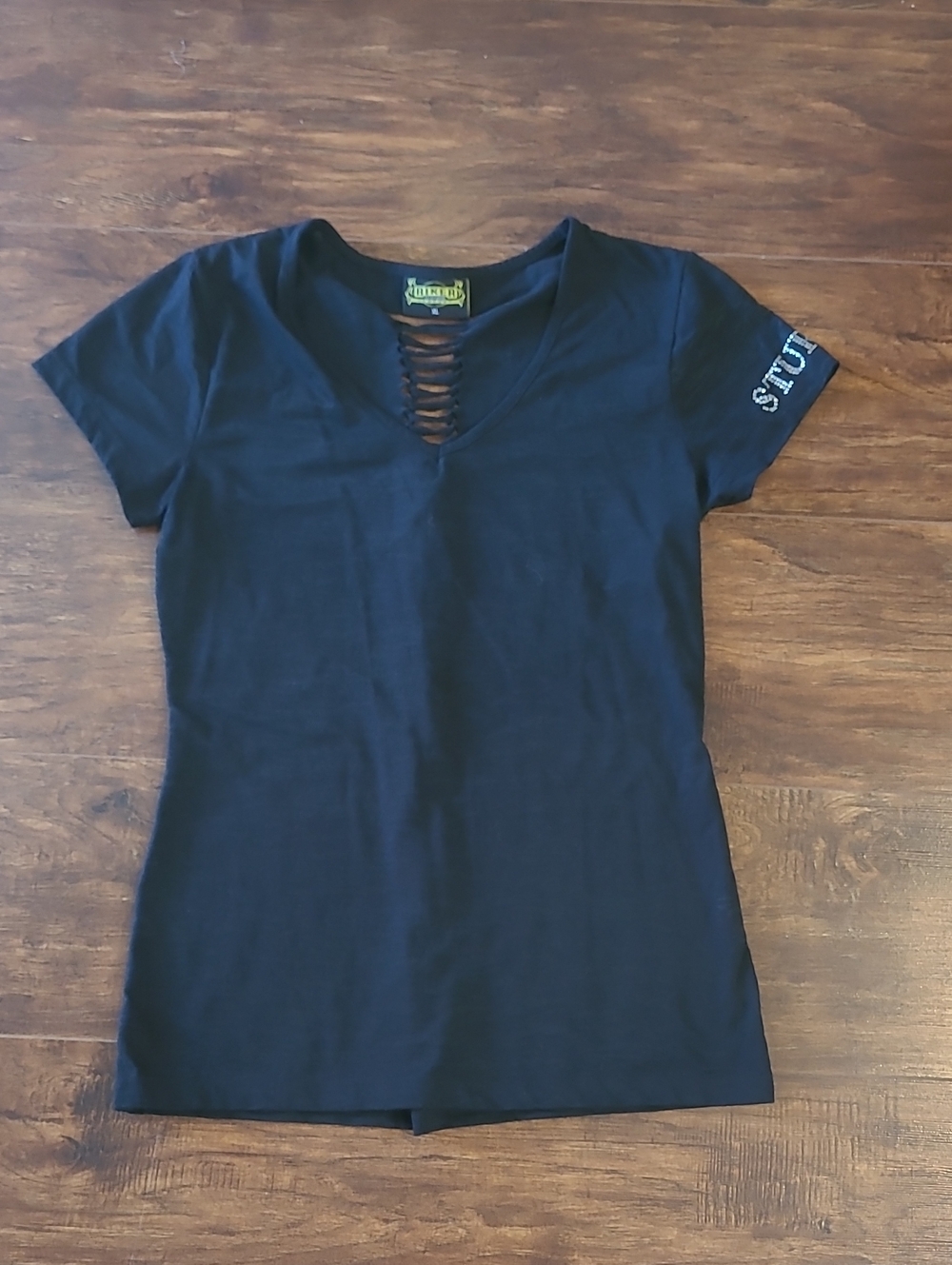 Biker Clothing Co Black Short-Sleeve V-Neck Tee with Ladder Cutout